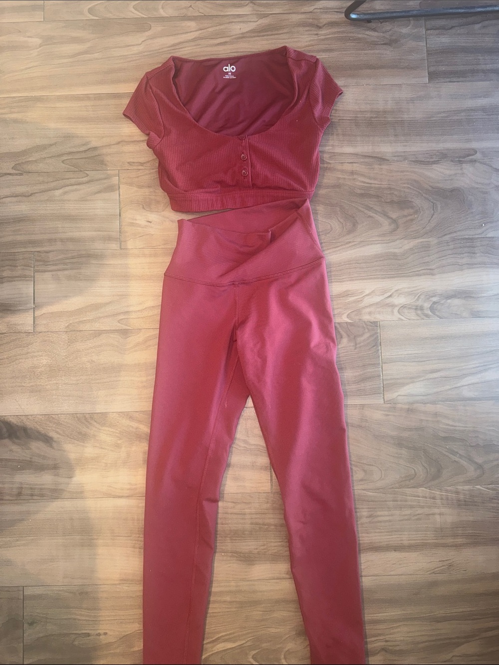 ALO Yoga Ribbed Crop Top & High-Waist Leggings Set in Burgundy Red